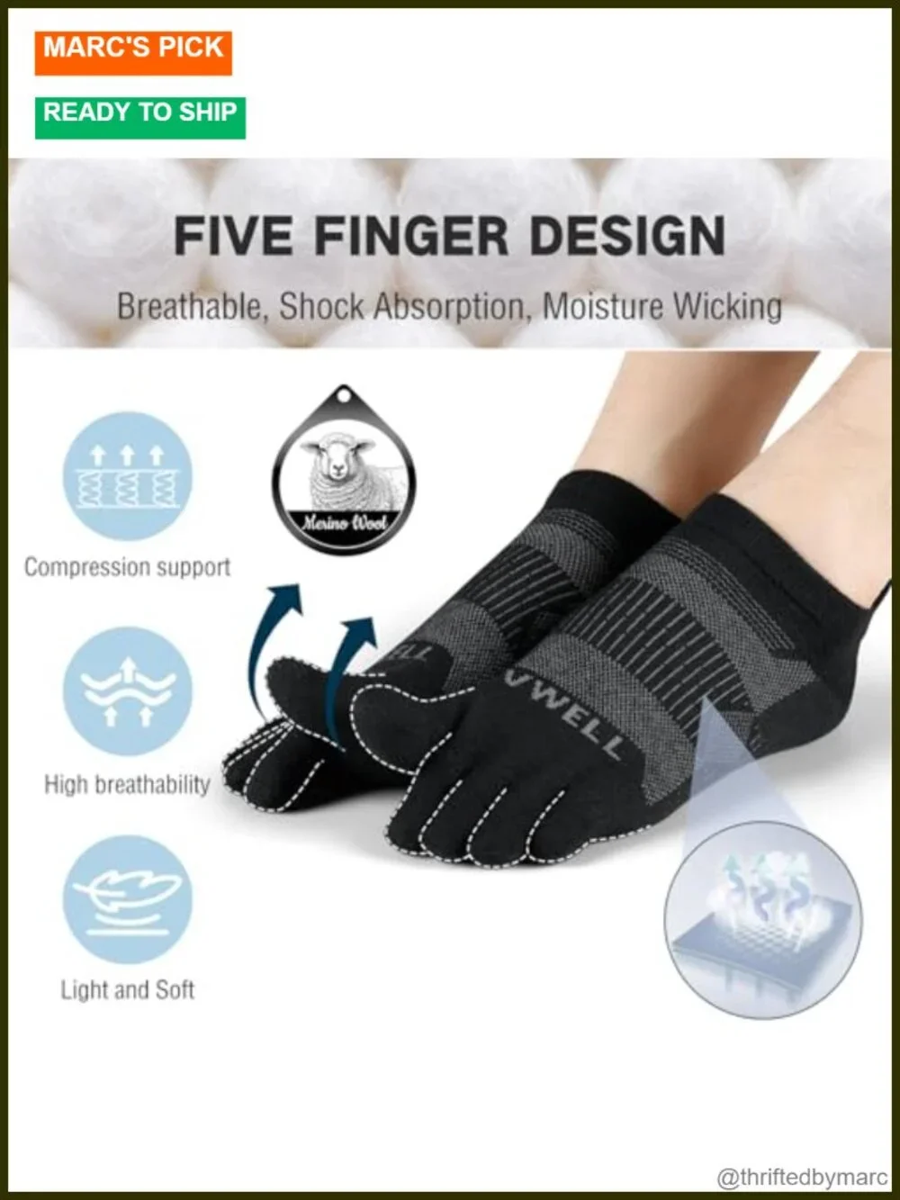 Merino Wool Toe Socks for Running Athletic Moisture Wicking 3 Pairs